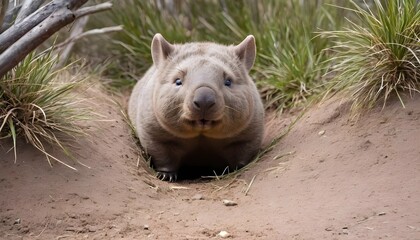 A Curious Wombat Peeking Out From A Burrow