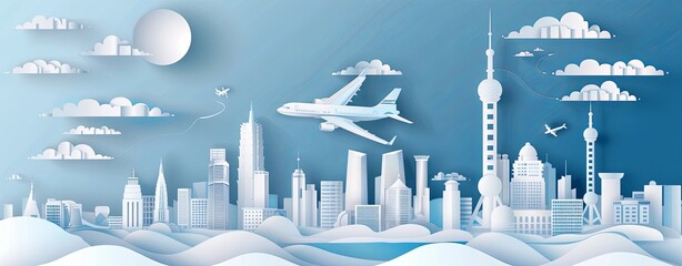 Paper art style depicting travel and journey with an airplane, city skyline buildings and theme park in white color on a blue background.