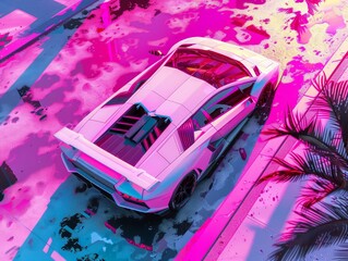 Pink Neon Sports Car 80s Style Digital City