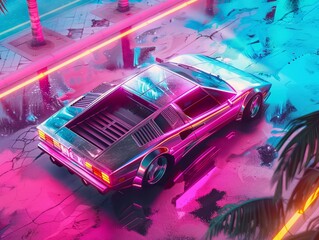 Pink Neon Sports Car 80s Style Digital City