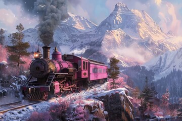 Vintage Whimsical Pink Steam Train in Mountains  Scenic Landscape