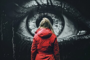 woman in red jacket, giant eye, surreal black background - obrazy, fototapety, plakaty