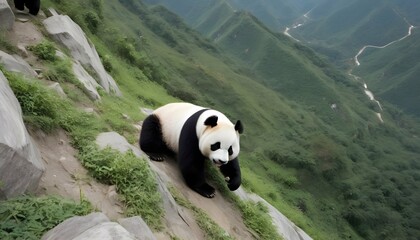A Giant Panda Climbing A Steep Mountain Slope  3