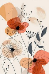 Abstract floral art background vector. Botanical hand drawn flower, foliage line art. Design illustration for wallpaper, banner, print, poster, cover, greeting, invitation, package