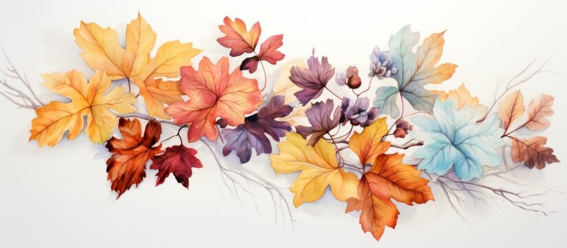The image shows an assortment of painted leaves spread out over a white background, creating a vibrant and colorful display. The leaves are depicted in various shapes and sizes, enhancing the visual