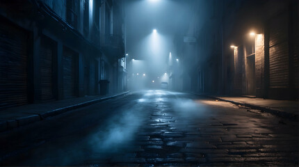 A desolate urban street shrouded in fog and illuminated by overhead streetlights, evoking a sense of mystery, suspense, and the unknown in a modern urban setting with cinematic quality - obrazy, fototapety, plakaty