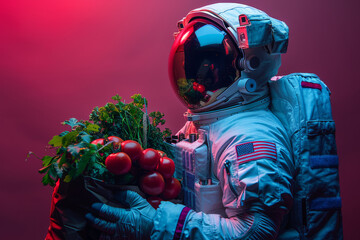 an astronaut is carrying a shopping bag full with grocery against generative ai