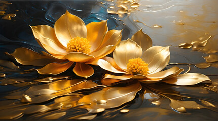 The luscious golden petals of flowers set upon rippling water, creating a luxurious and dynamic look - obrazy, fototapety, plakaty
