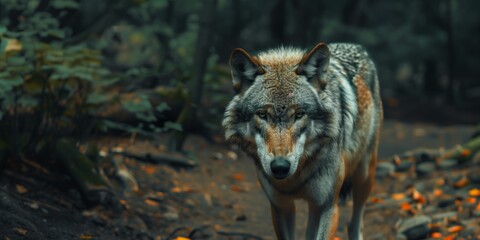 A lone wolf navigates through a forest covered in fallen leaves, showcasing its solitary journey through the wilderness.