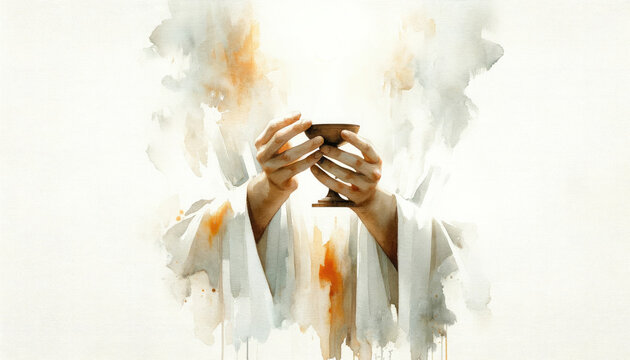 Eucharist. Corpus Christi. Hands holding the sacred chalice on watercolor background. Digital illustration.
