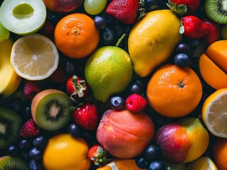 Naklejka na ściany i meble overhead view of mixed fruits, colorful and healthy