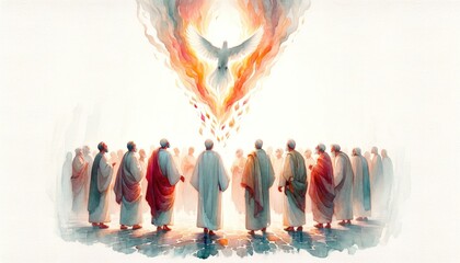 Pentecost. The descent of the Holy Spirit on the followers. People in front of a white dove in a bright fire. Digital painting.
