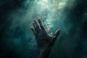 A hand reaches out underwater, its silhouette against the blue sea and sky, symbolizing help and connection