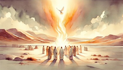 Pentecost. The descent of the Holy Spirit on the followers. People in front of a bright fire with white dove up in the sky. Digital painting.
