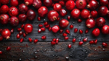 Ruby-red pomegranate seeds lie scattered like precious gems against a backdrop of dark, textured wood. Each seed is a burst of juicy flavor waiting to be discovered in this exquisite composition. - obrazy, fototapety, plakaty