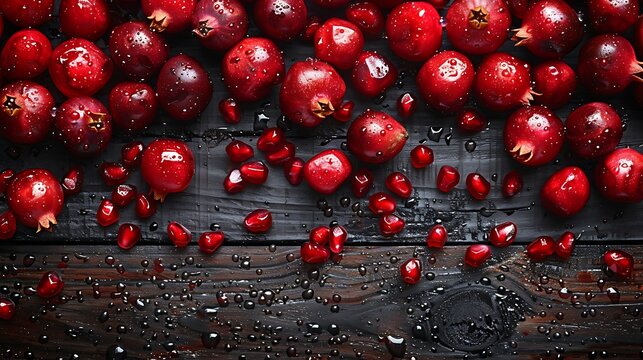 Ruby-red pomegranate seeds lie scattered like precious gems against a backdrop of dark, textured wood. Each seed is a burst of juicy flavor waiting to be discovered in this exquisite composition.