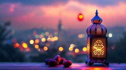 Ramadan Kareem lantern and dates fruit with city light background 