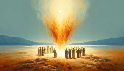 Pentecost. The descent of the Holy Spirit on the followers. People in front of a bright fire with white dove. Digital painting.
