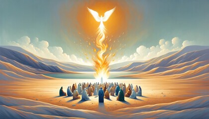 Pentecost. The descent of the Holy Spirit on the followers. People in front of a bright fire with white dove in the sky. Digital painting.
 - obrazy, fototapety, plakaty