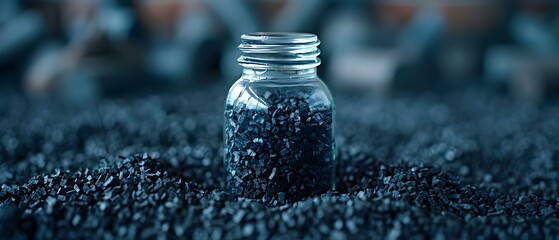 Granular activated carbon in a bottle used for various purification processes like water air and metal extraction. Concept Activated Carbon, Water Purification, Air Filtration, Metal Extraction - obrazy, fototapety, plakaty