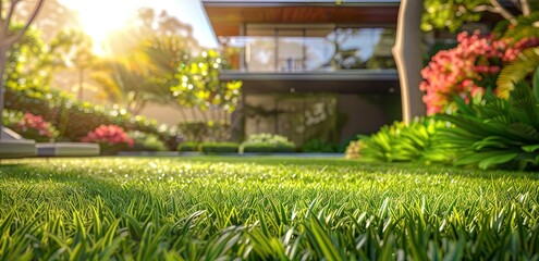 an idyllic modern home garden with lush green grass, surrounded by vibrant flowers and trees, showcasing the perfect blend between architecture and nature - obrazy, fototapety, plakaty
