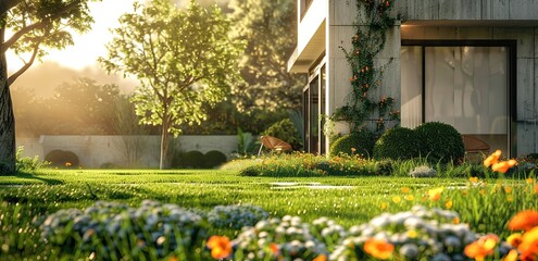 an idyllic modern home garden with lush green grass, surrounded by vibrant flowers and trees, showcasing the perfect blend between architecture and nature - obrazy, fototapety, plakaty
