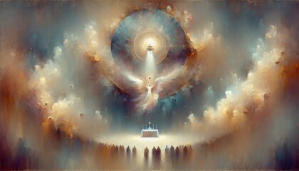 Eucharist. Table symbolizing Lord's supper with angel in the sky. Digital painting. - obrazy, fototapety, plakaty