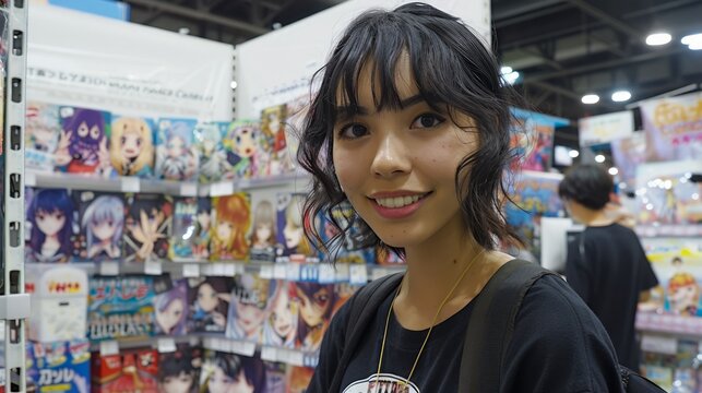 Young Woman Smiling in Anime Comic Convention Hall with Colorful Posters and Exhibits Background