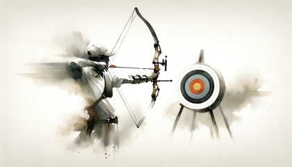 Naklejka premium Olympics. Archery. Digital painting of an archer with a bow and arrow aiming at a target.