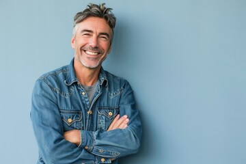 Portrait of a handsome man smiling with arms crossed against blue background - obrazy, fototapety, plakaty