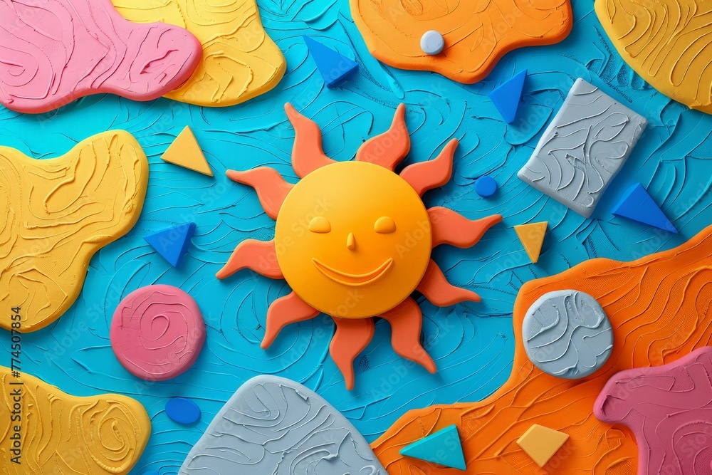 Poster clay-rendered sun amidst colorful abstract shapes, high-resolution background for a dynamic look