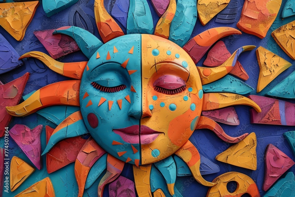 Poster clay-rendered sun amidst colorful abstract shapes, high-resolution background for a dynamic look