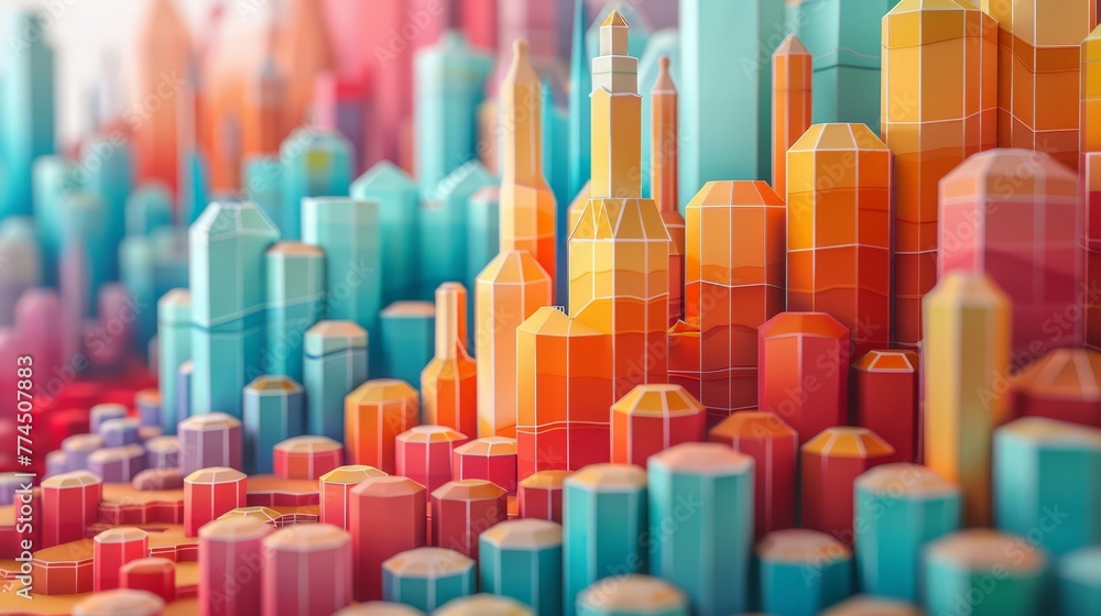 Poster dynamic hexagon patterns in 3d clay, forming a colorful, abstract future cityscape