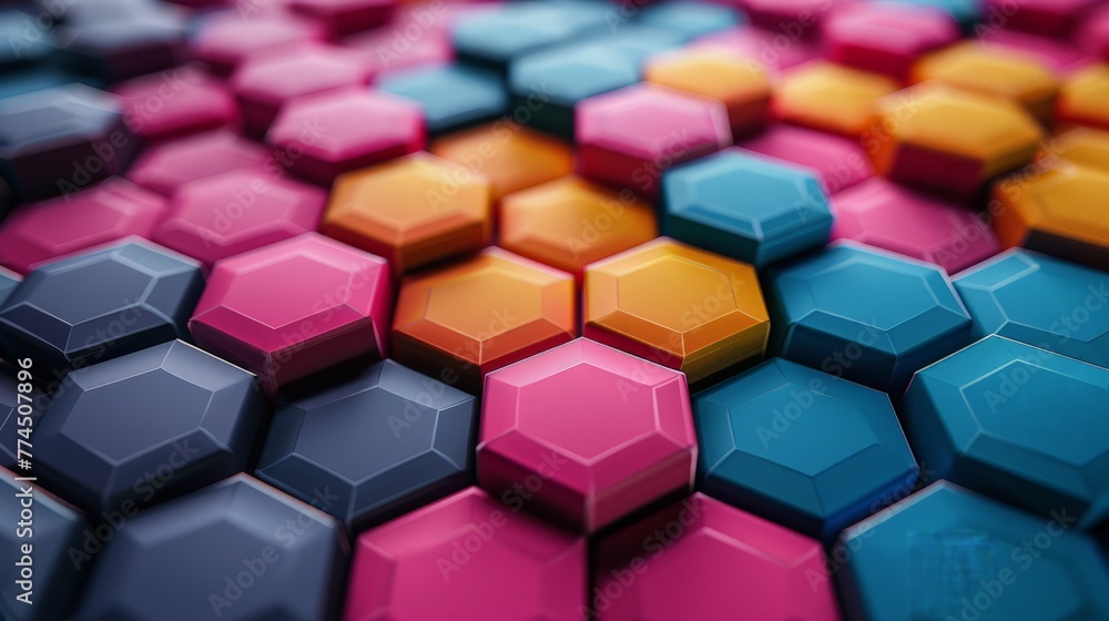 Poster futuristic hexagon array in 3d clay style, colorful geometric backdrop, ultra high-res