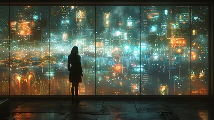 Amidst a luminous labyrinth of futuristic screens, a solitary figure navigates a symphony of data visualizations and graphs, enveloped in the pulsating glow of tomorrow's insights.
