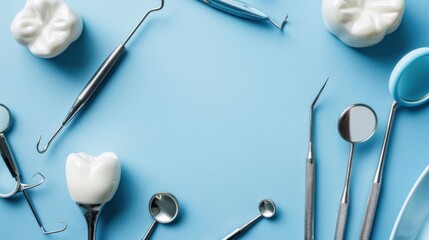 Dental care and treatment, tooth with dentist instrument on blue background