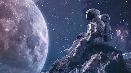 astronaut sitting on a comet observing the starry universe in high resolution