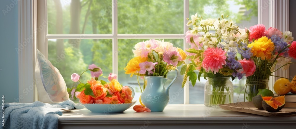 Poster various types of colorful flowers are displayed in multiple vases placed on a window sill with natur