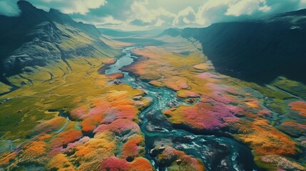 Fototapeta premium Beautiful highland with river, green field and multicolor grass. Aerial view landscape.