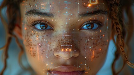 A youthful visage radiates with luminous digital overlays, evoking a futuristic scan merging biology with technology, blurring lines between reality and data streams.
