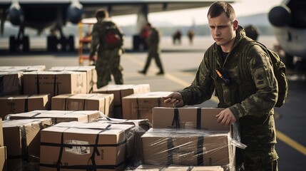 Supply of weapons. Unloading boxes of ammunition at a military airport. Ai design
 - obrazy, fototapety, plakaty
