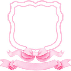 Pink couette bow crest clipart, Wedding victorian art frame and ribbon watercolor illustration.