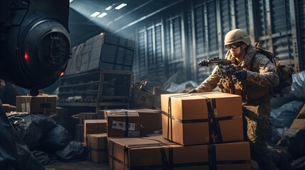Supply of weapons. Unloading boxes of ammunition at a military airport. Ai design
