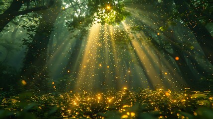 The delicate dance of sunlight filtering through the canopy of a forest, casting intricate patterns of light on the forest floor below. - obrazy, fototapety, plakaty