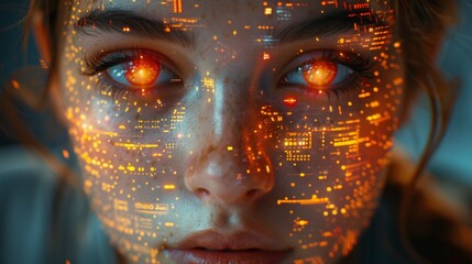 A youthful visage radiates with luminous digital overlays, evoking a futuristic scan merging biology with technology, blurring lines between reality and data streams.
