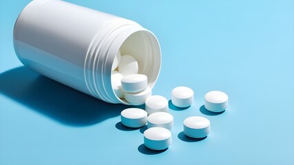 Spilled Pills from White Bottle on Blue Background - Minimalistic Healthcare Concept | Medicine, Pharmaceutical, Healthcare, Wellness, Pills, Bottle, Spilled, White, Blue, Treatment, Dosage, Drugstore