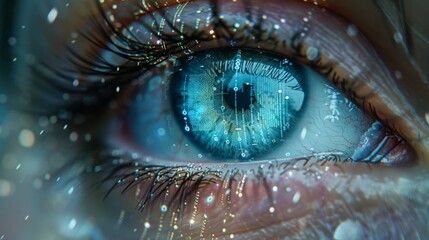 Cybernetic Elegance, With precision, digital data cascades over the eye, merging with its contours, revealing a symbiotic dance between organic essence and technological augmentation.
