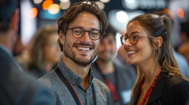 Smiling attendees discuss new products at the exhibition, with a brightly lit stand in focus. A handsome man in a business casual shirt laughs among colleagues.