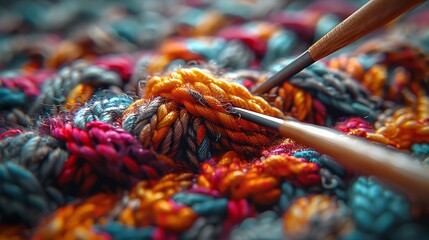 With a deft hand, the knitting needles transform strands of yarn into a masterpiece of texture and pattern, their movements captured in cinematic detail.  - obrazy, fototapety, plakaty