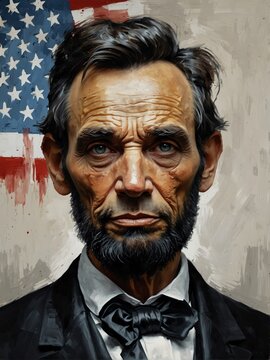 abraham lincoln portrait oil pallet knife paint painting on canvas with large brush strokes art illustration on plain white background from Generative AI